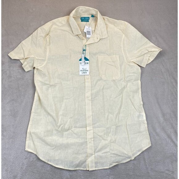 Tenth + Ocean Mens Shirt Large Short Sleeve Button Up Dull Yellow Washable Linen - Picture 13 of 14